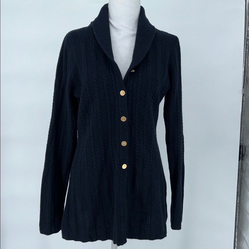 Brooks Brothers Navy Cable Knit Shawl Collar Cardigan Gold Buttons M - Picture 3 of 11